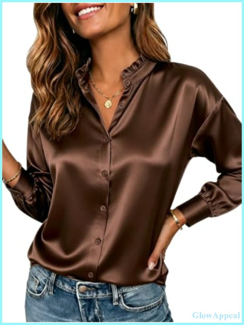 Womens Satin Blouse Ruffle Collar Long Sleeve Button Down Shirt
